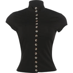 Black Turtleneck Short Sleeve Button Top