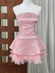 Sequin Bow Tie Tulle Hem A-line Strapless Mini Dress