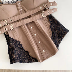 Brown garment with lace trim and metal buckles on a white background