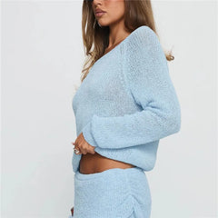 Blue Knit Long Sleeve Off Shoulder Top