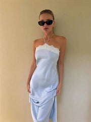 Satin Halter Lace Trim Maxi Dress