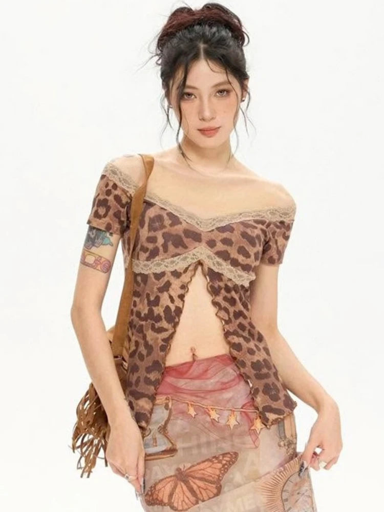 Woman wearing a leopard print top with sheer overlay