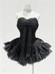 Bowknot Strapless Lace Tulle Mini Dress