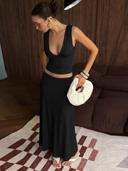 Deep V-Neck Sleeveless Ruched Top And Long Skirt Set