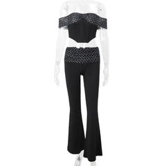 Black Polka Dot Crop Corset And Flare Pants Set