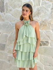 3D Flowers Ruffled Halter Tiered Mini Dress
