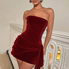 Strapless Draped Velvet Mini Dress