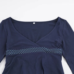 Blue Long Sleeve Polka Dot Band Peplum Top