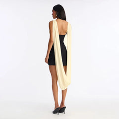 Contrast Black Deep V-Neck Draped Sleeve Bodycon Mini Dress