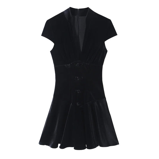 Black Velvet Cap Sleeve Deep V-Neck Mini Dress