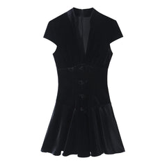 Black Velvet Cap Sleeve Deep V-Neck Mini Dress