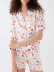 Ocean Print Button T-Shirt and Elastic Shorts Loungewear Set