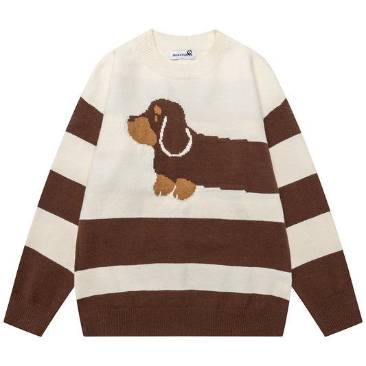 Dog Graphic Stripe Knit Pullover Top