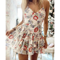 White Floral Print Spaghetti Strap Mini Dress