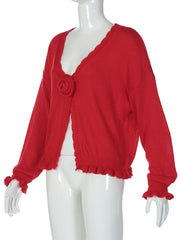 Red Open 3D Flower Knitted Cardigan