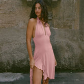 Pink Halter Ruffles Midi Dress