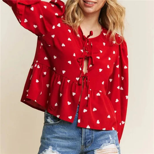 Heart Print Bow Tie Babydoll Shirt