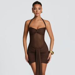 Mesh Patchwork Halter Bandage Wrap Bodycon Mini Dress