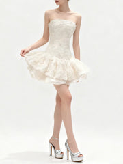 Embroidery StraplessPleated Flare Mini Dress