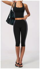 Two-Tone Contrast Seam Crop Top And Capri Leggings Set