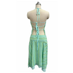 Stripe Print Open Back Tie Crop Top And Midi Skirt Set