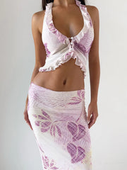 Mesh Print Halter Tank Top And Maxi Skirt Set