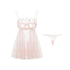 Sheer Embroidered Trim Nightdress with Panties Lingerie Set