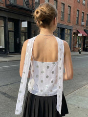 Polka Dot Camisole Mesh Backless Tank Top With Scarf