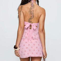 Pink Printed Tie-Up Top And Mini Skirt Set