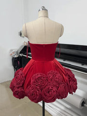 Red Velvet Strapless 3D Rose Short Ball Dress