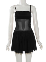 Mesh Patchwork Pleated Hem Mini Dress