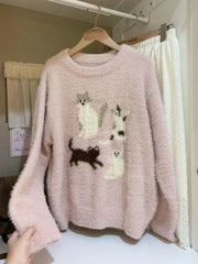 Pink Multi‑Cat Fuzzy Sweater