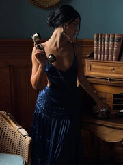 Blue Velvet Ruffles Backless Long Dress