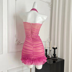 Pink Ruffles Mesh Bodycon Tank Mini Dress
