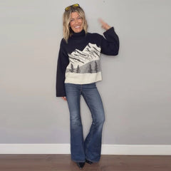 High-Necked Knitted Mountain Print Sweater
