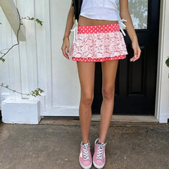 Pink Polka Dot Lace Patchwork Mini Dress