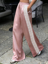 Satin Lace Trim Elastic Waist Wide Leg Pants