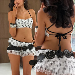 Polka Dot Mesh Ruffle Bandeau And Tiered Shorts Set