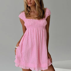 Jacquard Eyelet Ruffle Hem Babydoll Mini Dress