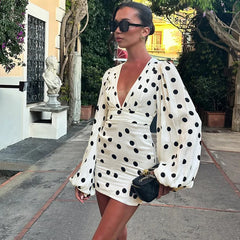White Long Sleeve Polka Dot Flare Mini Dress