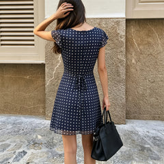 Blue Polka Dot Cap Sleeve Waist Tie Mini Dress