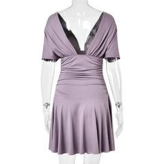Deep V-neck Short Sleeve Solid Ruched Mini Dress