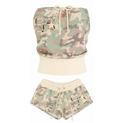 Camouflage Zipper Crop Hoodie, Tube Top, And Shorts, Sweatpants Set
