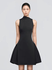 Metal Buckle High Neck Folds Mini Dress