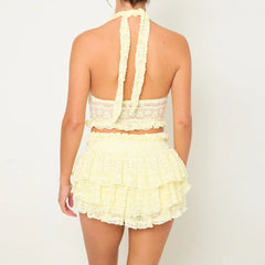 Lace Tie-up Halter Open Back Cami Tops And Mini Layered Skirt Set