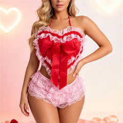 Heart Shaped Halter Lace Satin Bow Top And Pink Ruffle Mini Shorts Set