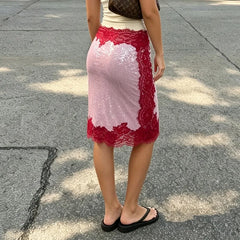 Sequin Lace Patchwork Midi Skirt