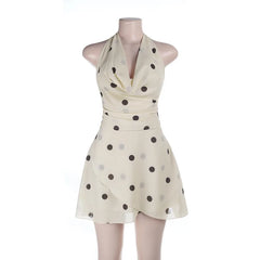 White Polka Dot Print Halter Neck Open Back Mini A-line Dress