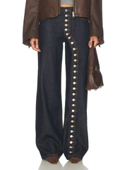 High Waist Wide Leg Denim Button Fly Curved Contrast Stitching Jeans