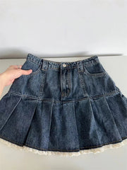 Lace Patchwork High Waist Pleated Denim Mini Skirt